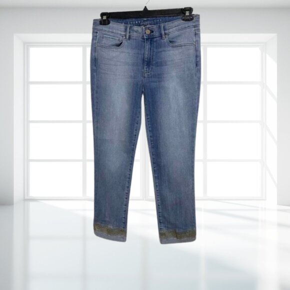 WHBM Mid-Rise Soft Slim Crop Jeans Size 8 Bronze Gold Metallic Cuff Denim - Picture 2 of 12